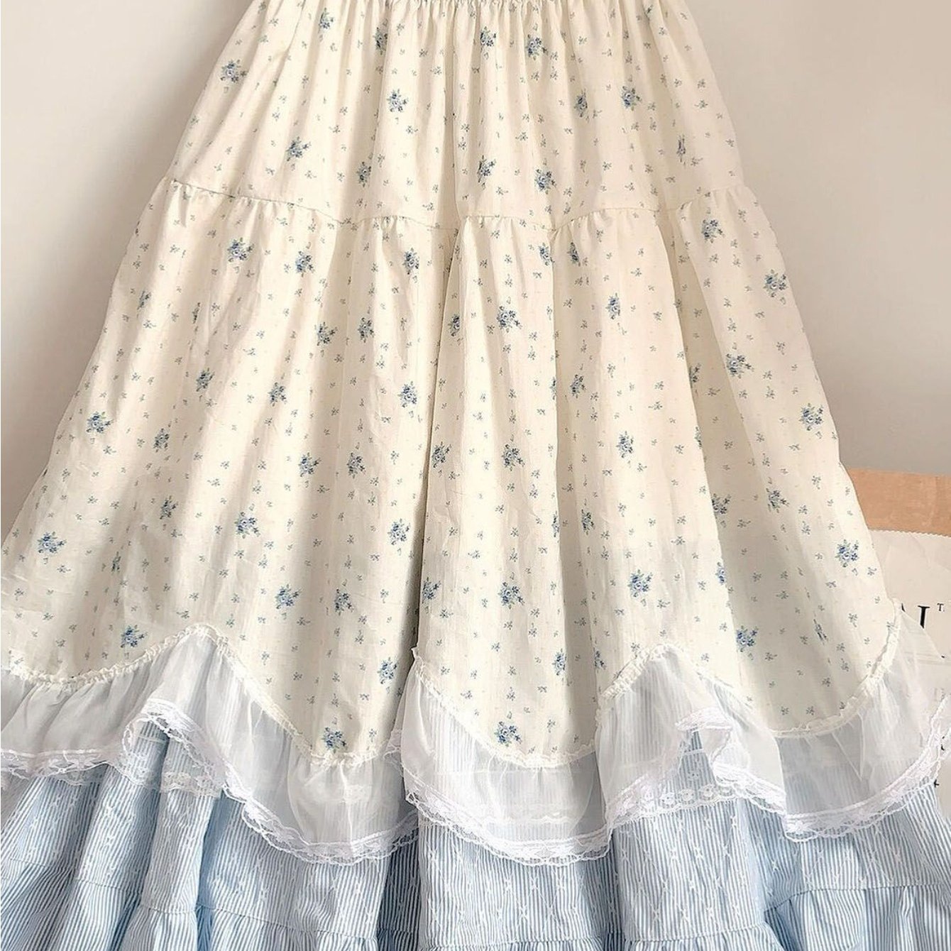 TEMU 2026 New Summer Women's French Sweet Lace Trim Floral Print Elastic High Waist Tiered Flared Maxi Skirt - Bohemian Long Skirt For Daily And Date