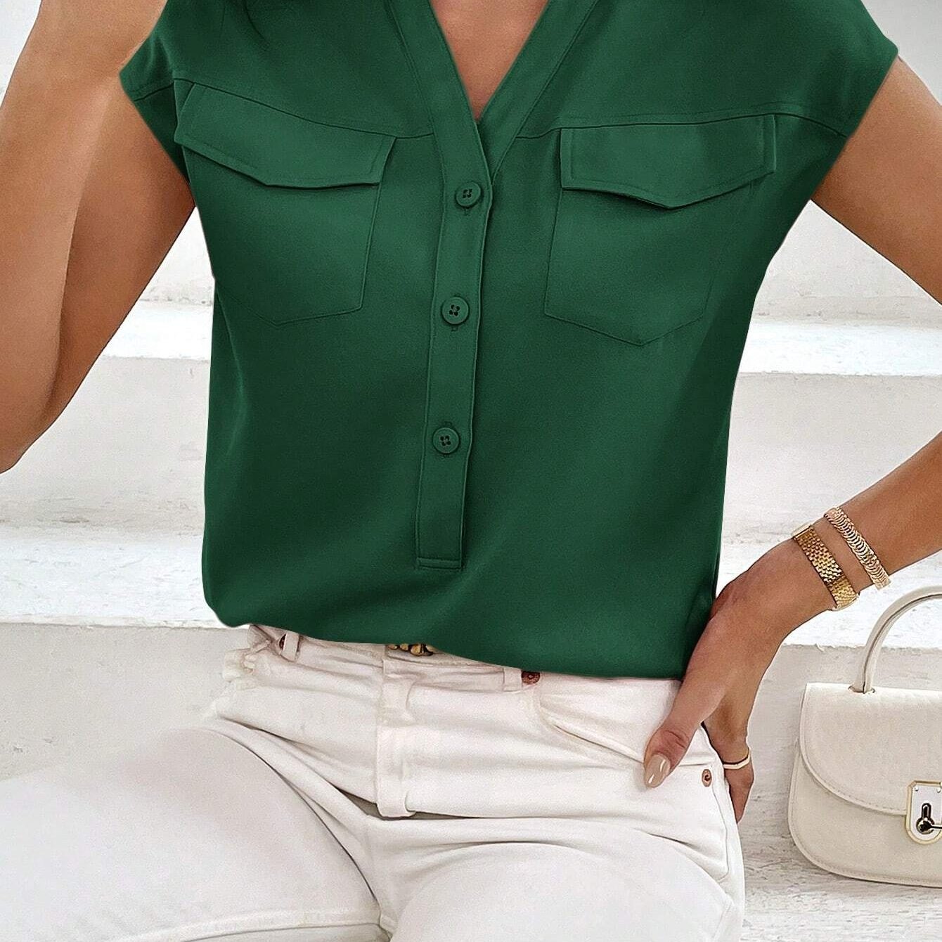 TEMU Women's Summer Casual Solid Color Short Sleeve Button-up Shirt With Pockets - Lightweight Polyester, Non-stretch Fabric, Collared Design, Casual