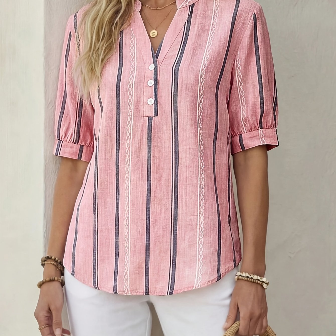 TEMU Casual Minimalist Loose V-neck Mid-sleeve Women's Blouse, Summer Outing Top, Cute Summer Top