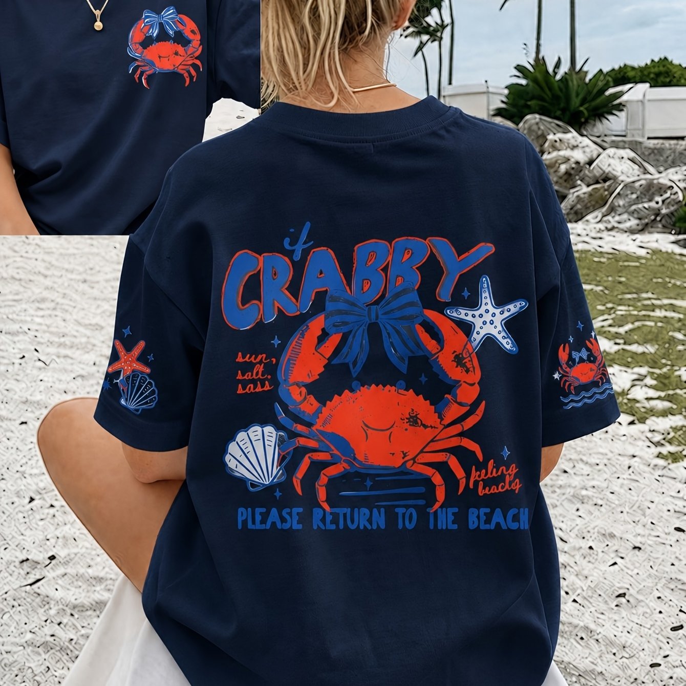 TEMU Crab Beach Casual T-shirt For Women, Comfy Short Sleeve Tee, Homewear Loungewear, Fashion Graphic Top For Summer Outfits And Gifts
