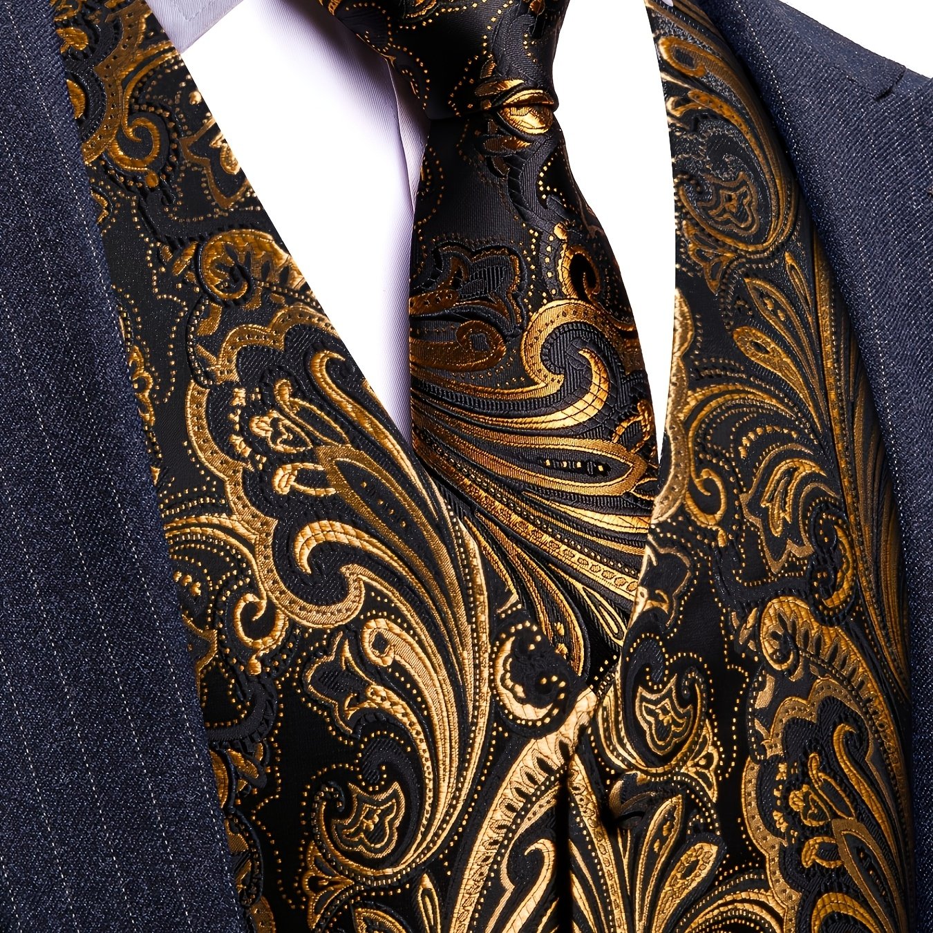 Image of Men's Golden Floral Dress Vest Suit Set Formal Waistcoat With Tie, Bow Tie, Pocket Square And Cufflinks For Wedding/party