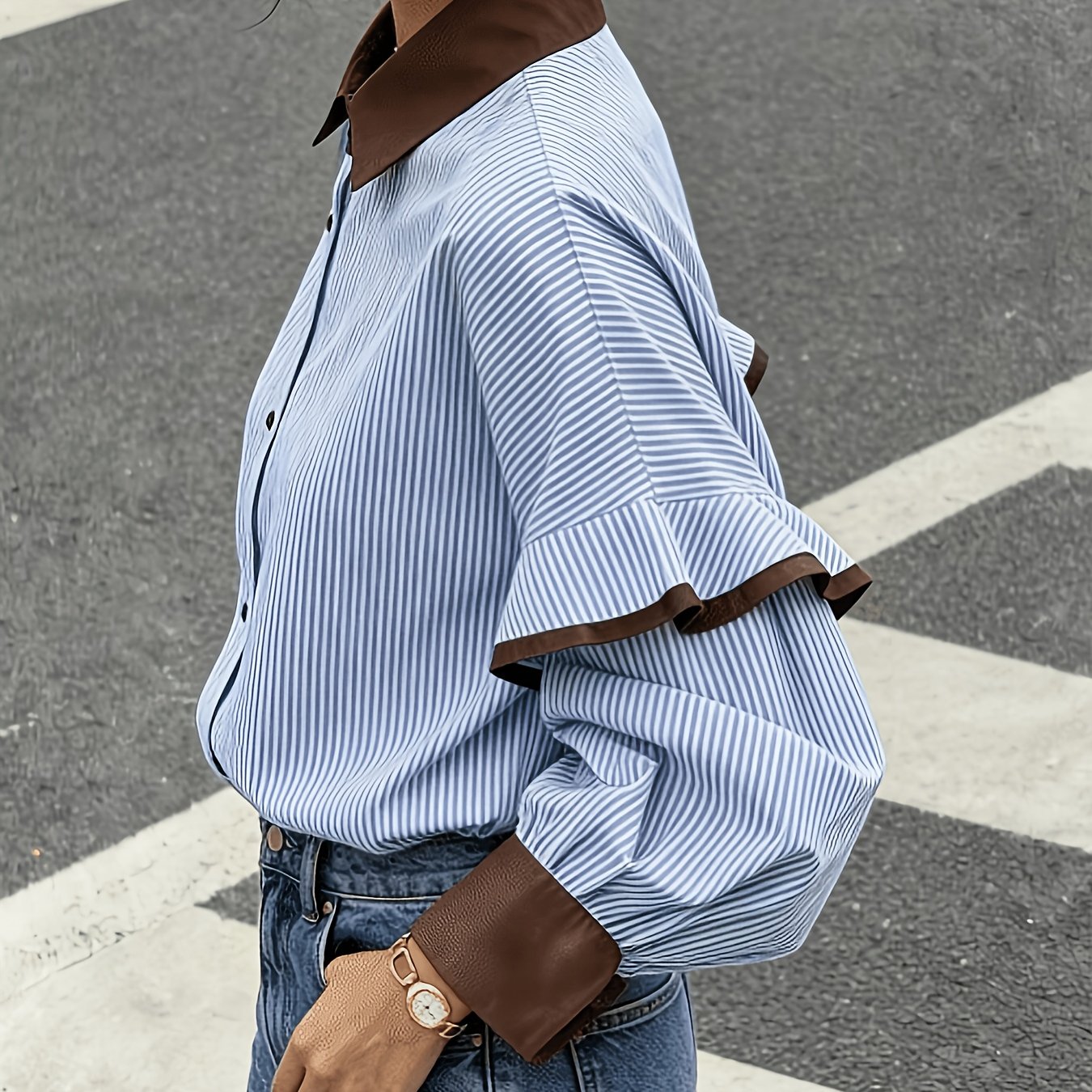 TEMU Chemise à Rayures Style pour Femme, Haut Décontracté Polyvalent à Coupe pour Quotidiens, T-shirt Chemise à Rayures