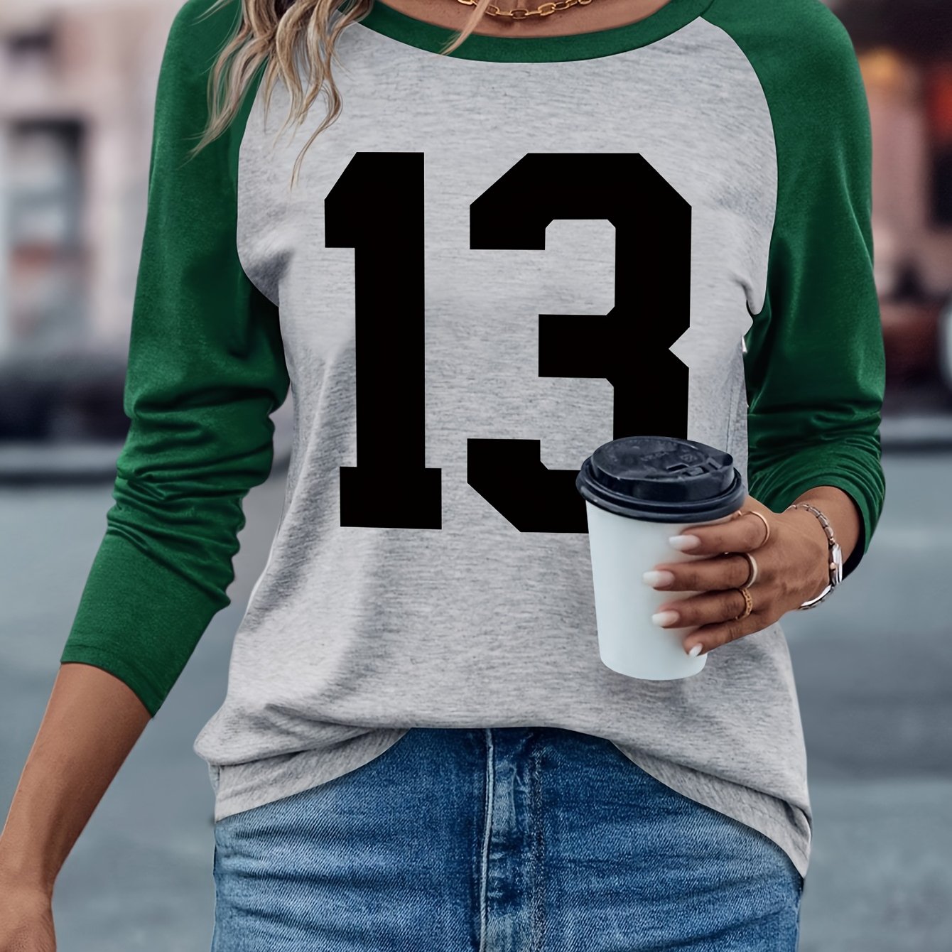 Large Size Pattern Printed Round Neck Raglan Long Sleeve T-shirt