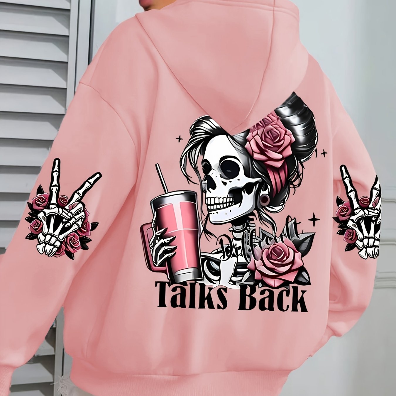 TEMU Sudadera con capucha para mujer, ideal para y otoño, 100% algodón. un estampado con calaveras y flores, y " BACK". jersey de larga es holgado y