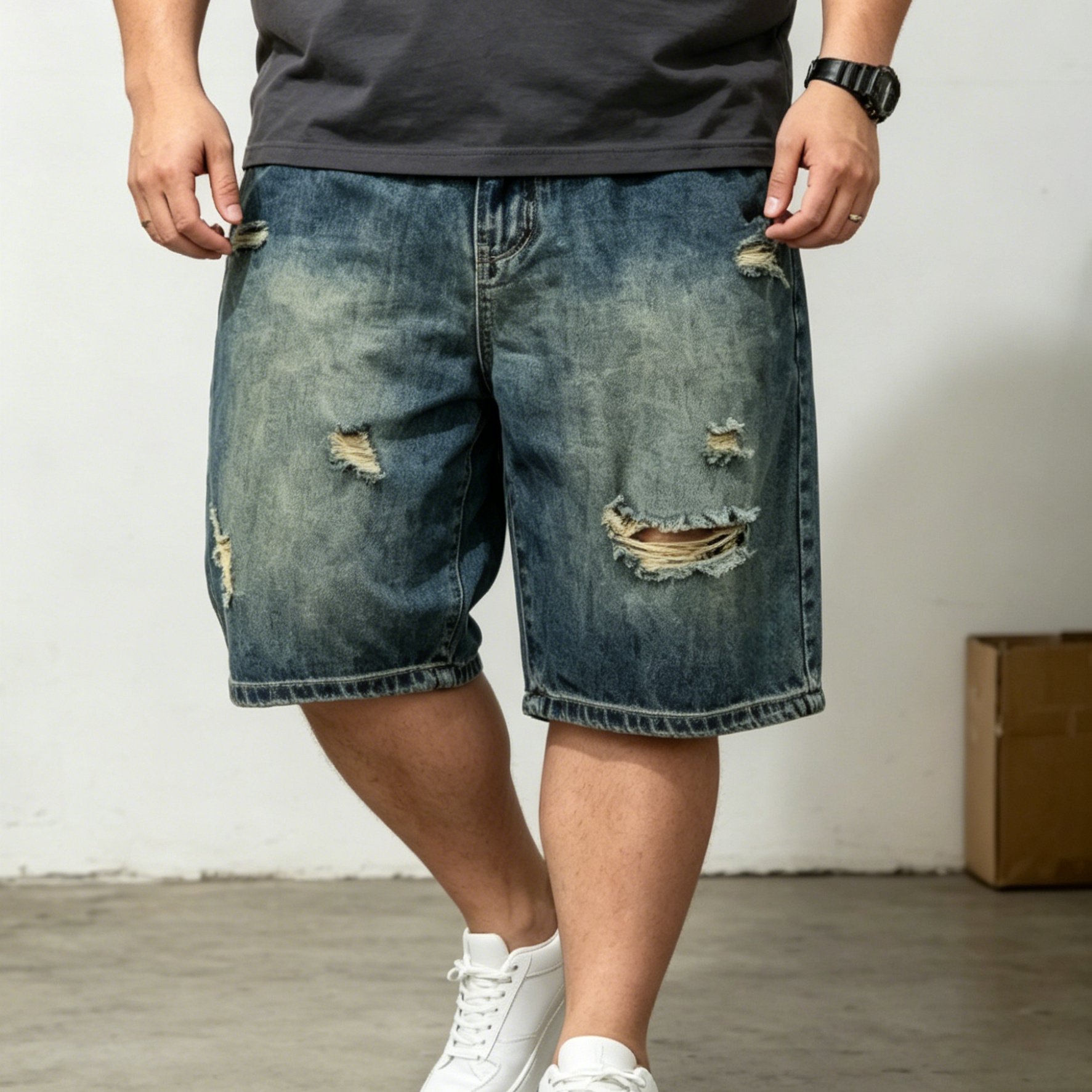 Image of Men's Plus Size Vintage Ripped Denim Shorts - Oversized Straight Five-inch Cut, Distressed Washed Design, Machine Washable Loose Fit Shorts Suitable For Streetwear, Casual Summer Shorts, Plus Size