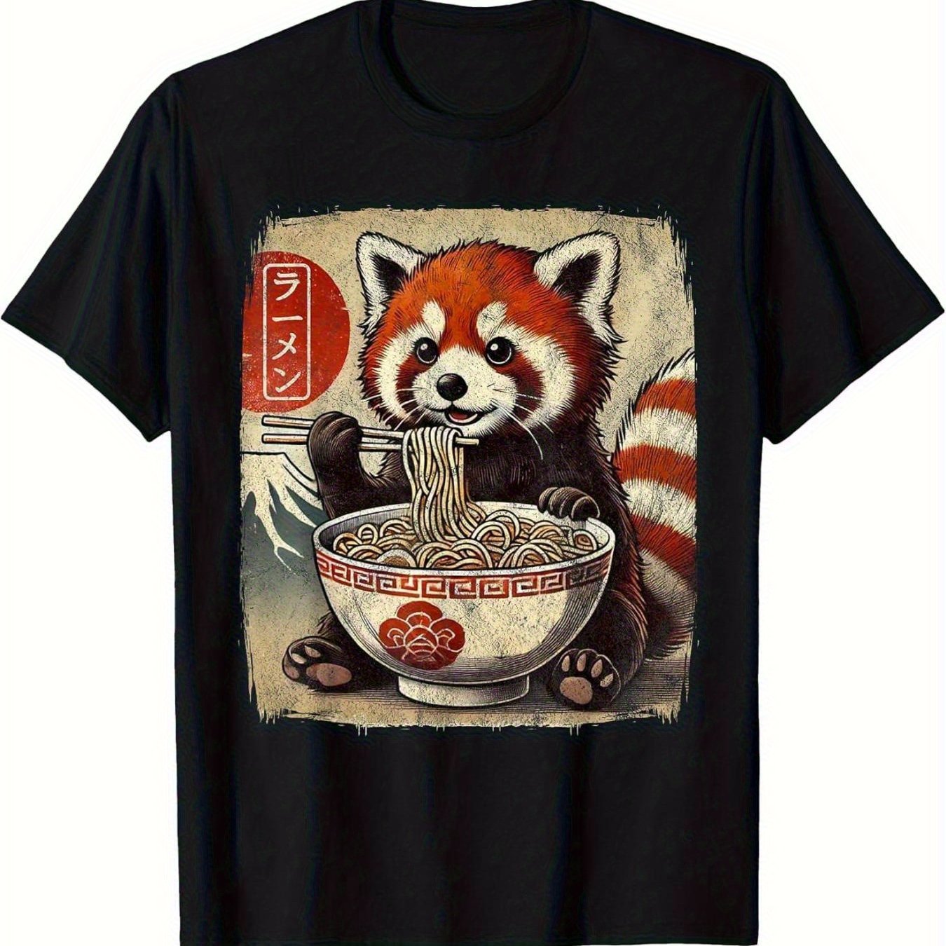 Men's Funny Red Panda Eating Ramen Japanese Kawaii Anime Design T-shirt - Black Casual Short Sleeve Crew Neck, Suitable For Outdoor Activities And Daily Wear