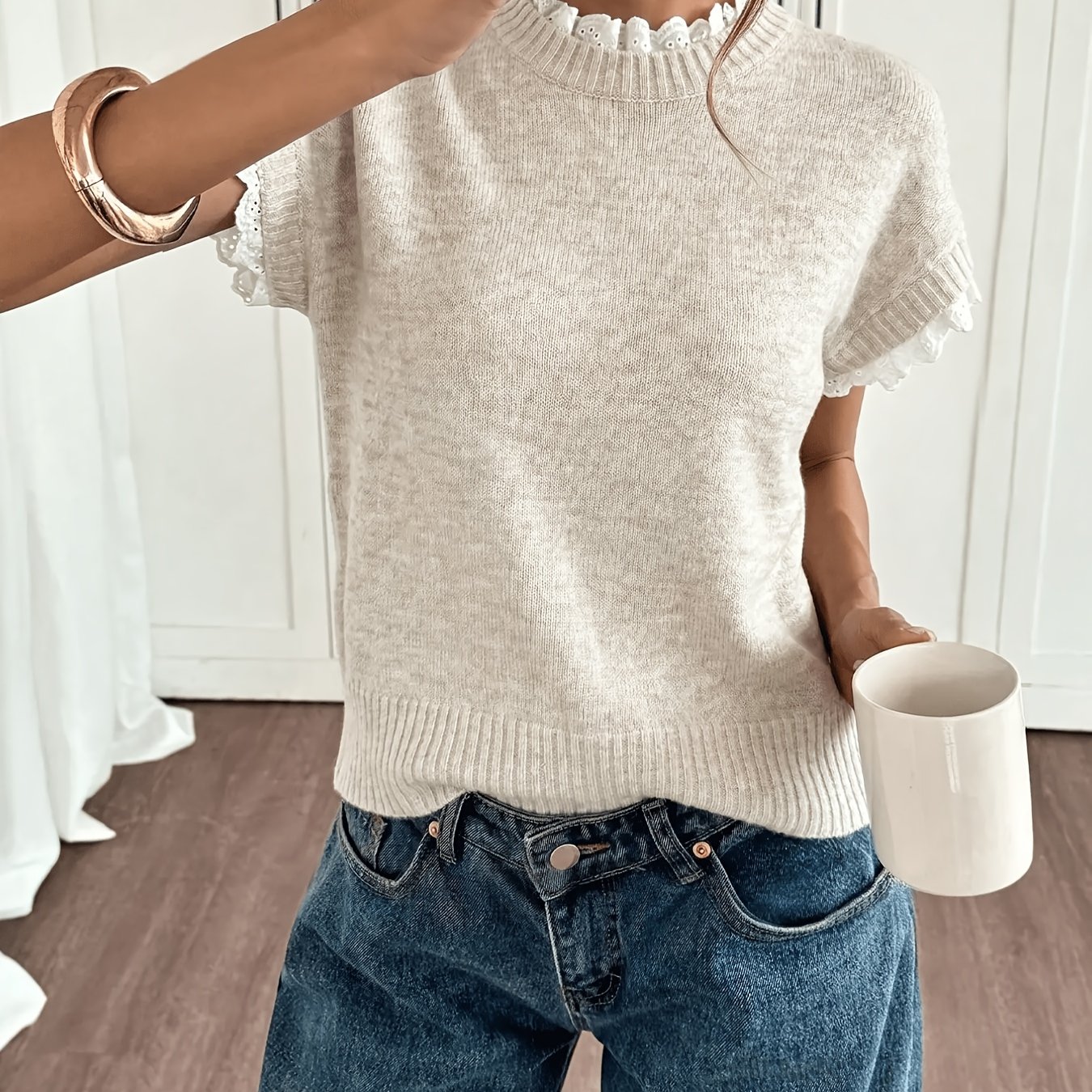 TEMU Haut pull élégant pour femme à col ras du cou, avec patchwork et bordure en dentelle, cardigan gilet pour la , pull simple pour les quotidiens