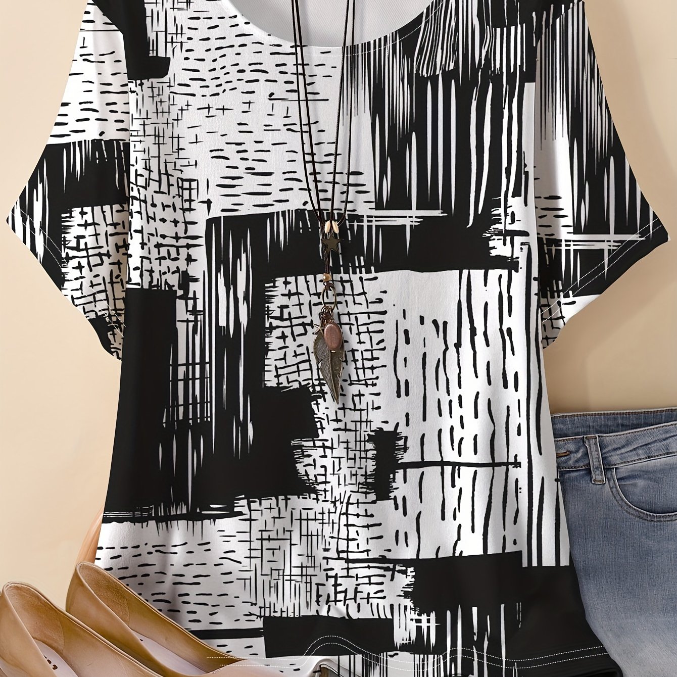 Plus Size - Plus Size - Plus Size Patterned Printed T-shirt, Casual Short-sleeve Round Neck Top For Spring And Summer, Women's Plus Size Clothing