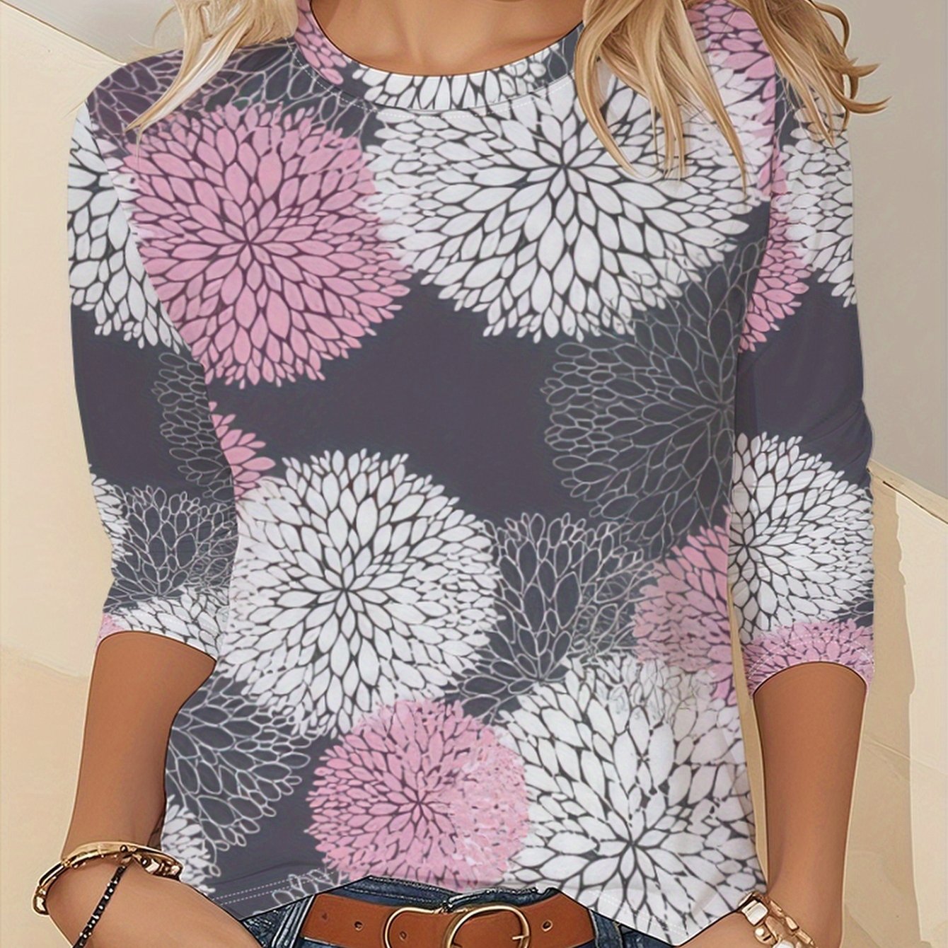 TEMU Print T-shirt, Long Sleeve Round Neck Casual Top, Suitable For Spring And Autumn Season, Women's Clothing