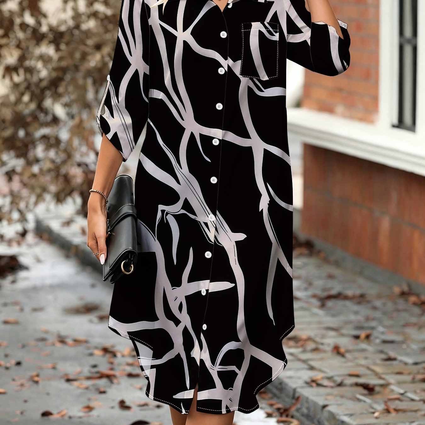 Image of Plus Size, Plussize Women's Abstract Print Shirt Dress, Collar, Aline Midlength With 3/4 Sleeves, Collar And , Elegant Minimalist Style Shirt Dress With Chest .