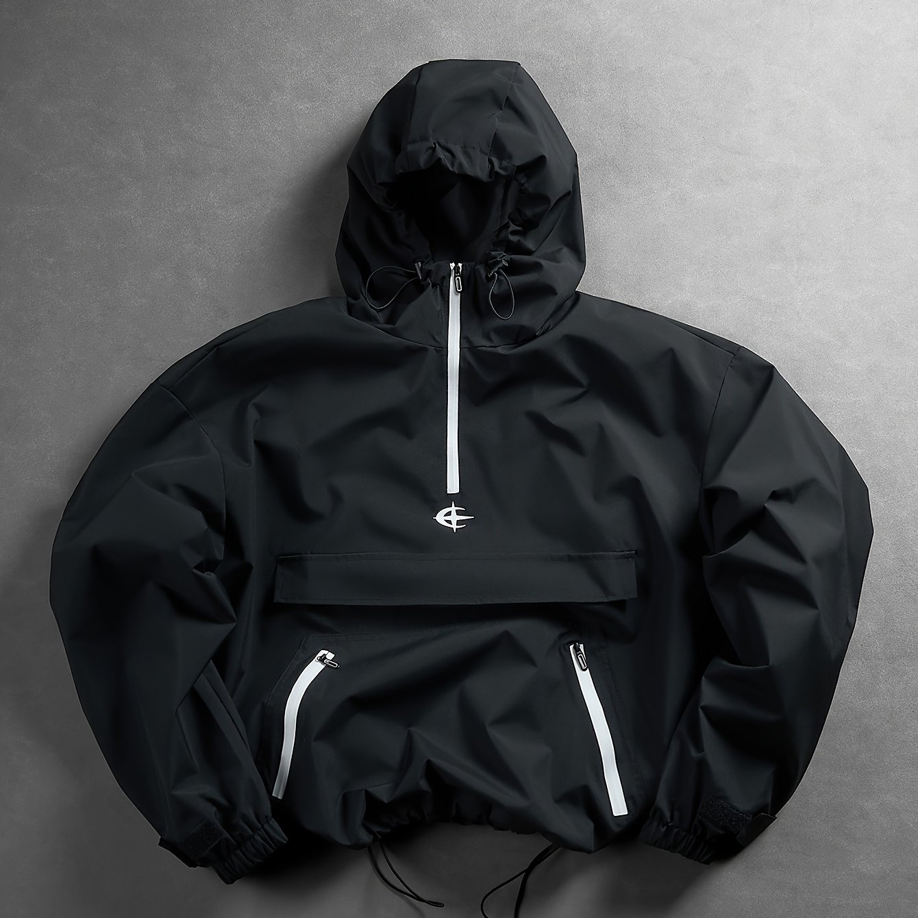 TEMU Streetwear Black Half-zip Hooded Jacket, Kangaroo Drawstring Hem Techwear Outerwear