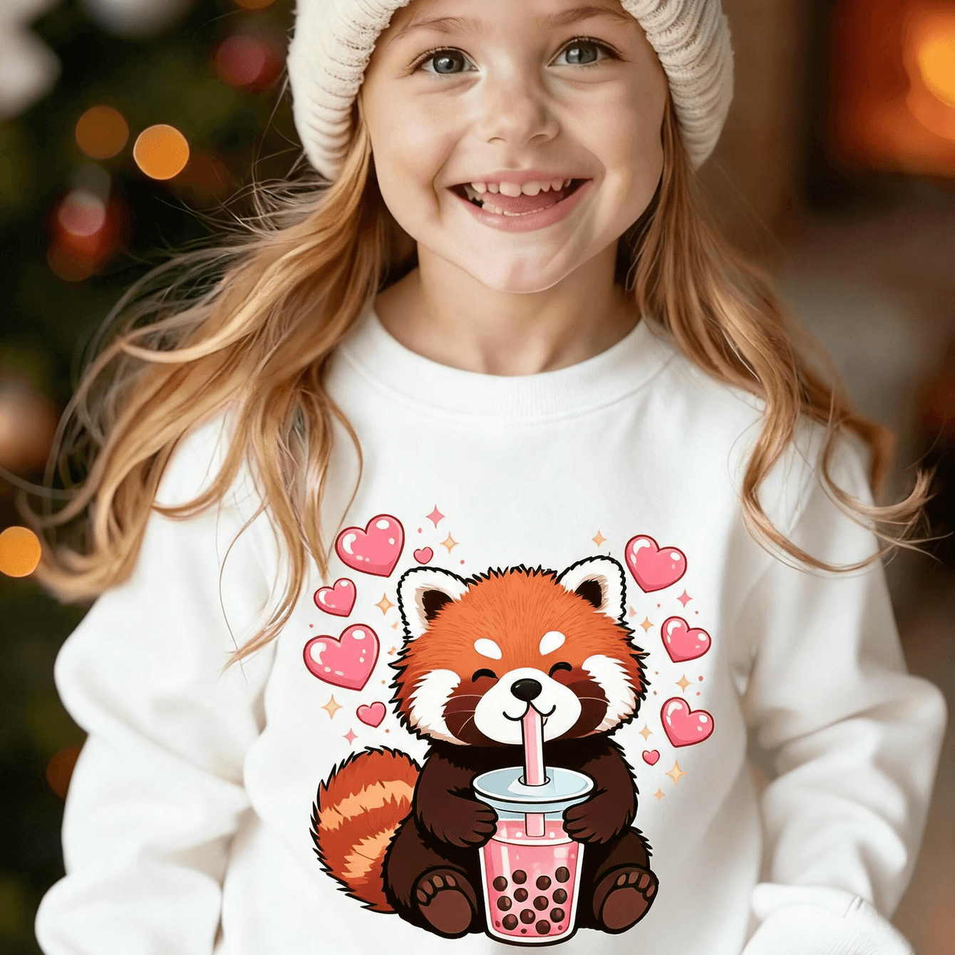 Image of Zcaynger Kids Girls Crewneck Sweatshirt Red Tea Hearts 100% Cotton Thickened Autumn Winter Daily Wear