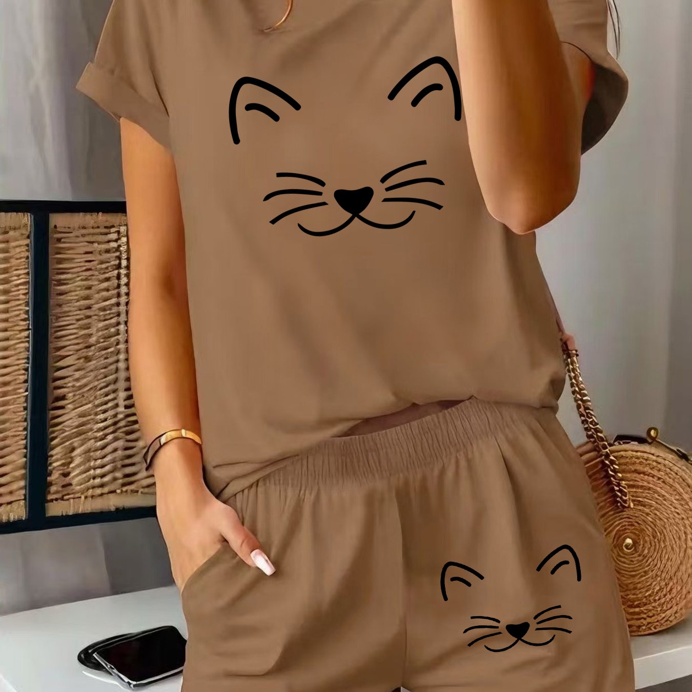 TEMU 2pcs Women's Summer Short Sleeve Setâcute Cartoon Cat Face Print Short Sleeve And Shorts Set, Comfortable, Soft, And Breathable For Sports And