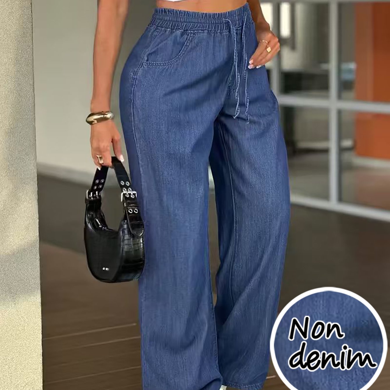 E-shop Bedruckte Hose – kein Denim-Stoff, neue Damen-Freizeithose für Frühling/Herbst, weite Beine, , hohe Taille mit Kordelzug, lockere drapierte Hose