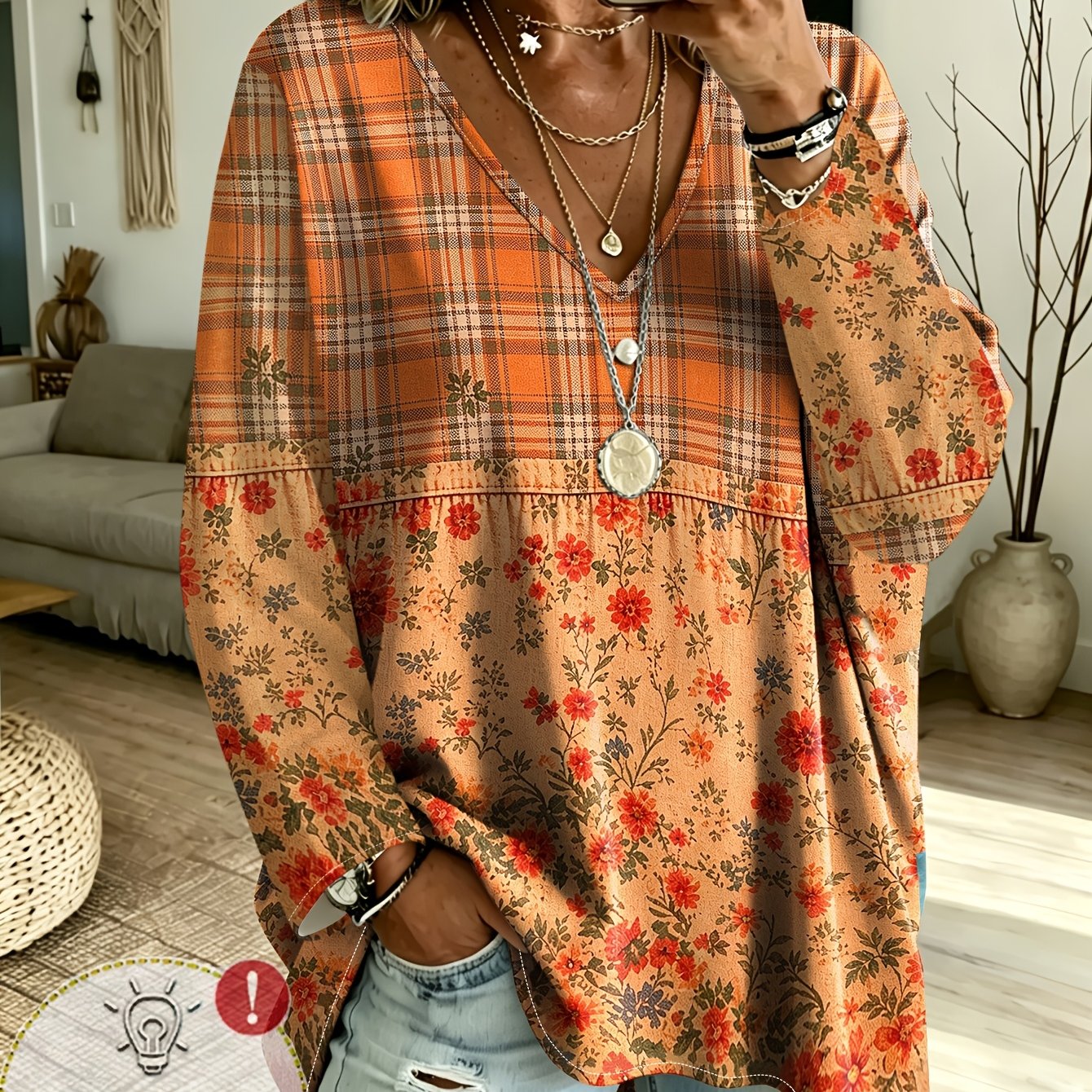 TEMU T-shirt grande taille vintage, imprimé patchwork floral, col en V, manches longues, coupe , haut décontracté et polyvalent pour
