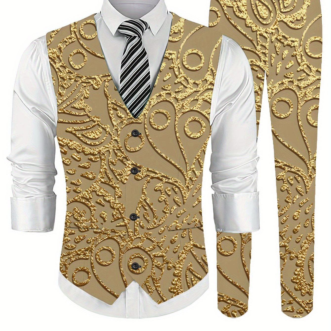 TEMU Ensemble 2 pièces pour homme : gilet et pantalon, motif doré relief, tenue formelle d', gilet imprimé et pantalon, costume de soirée gilet