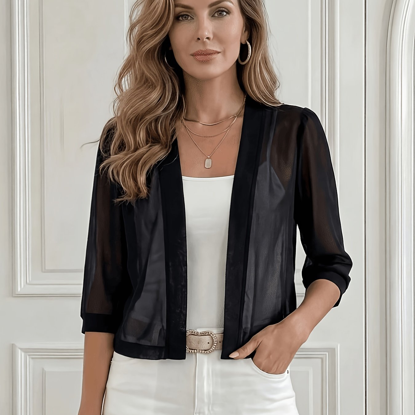 TEMU Elegant Mesh Splicing Open Front 7-quarter Sleeve Cardigan
