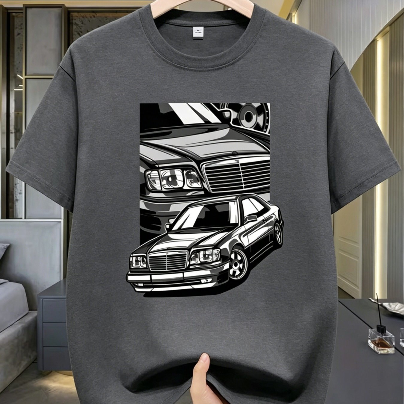 TEMU Men's Vintage Car Print T-shirt - Breathable Short Sleeve Round Neck Tee Suitable For Casual Wear, Machine Washable Regular Fit With Retro