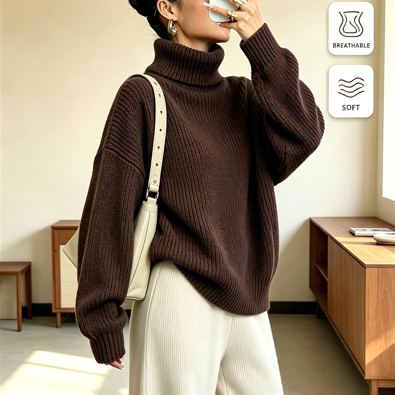 TEMU Pull à col oversize pour femme, épais, chaud, , extensible, coupe , couleur marron uni, pull d'hiver décontracté pour tous