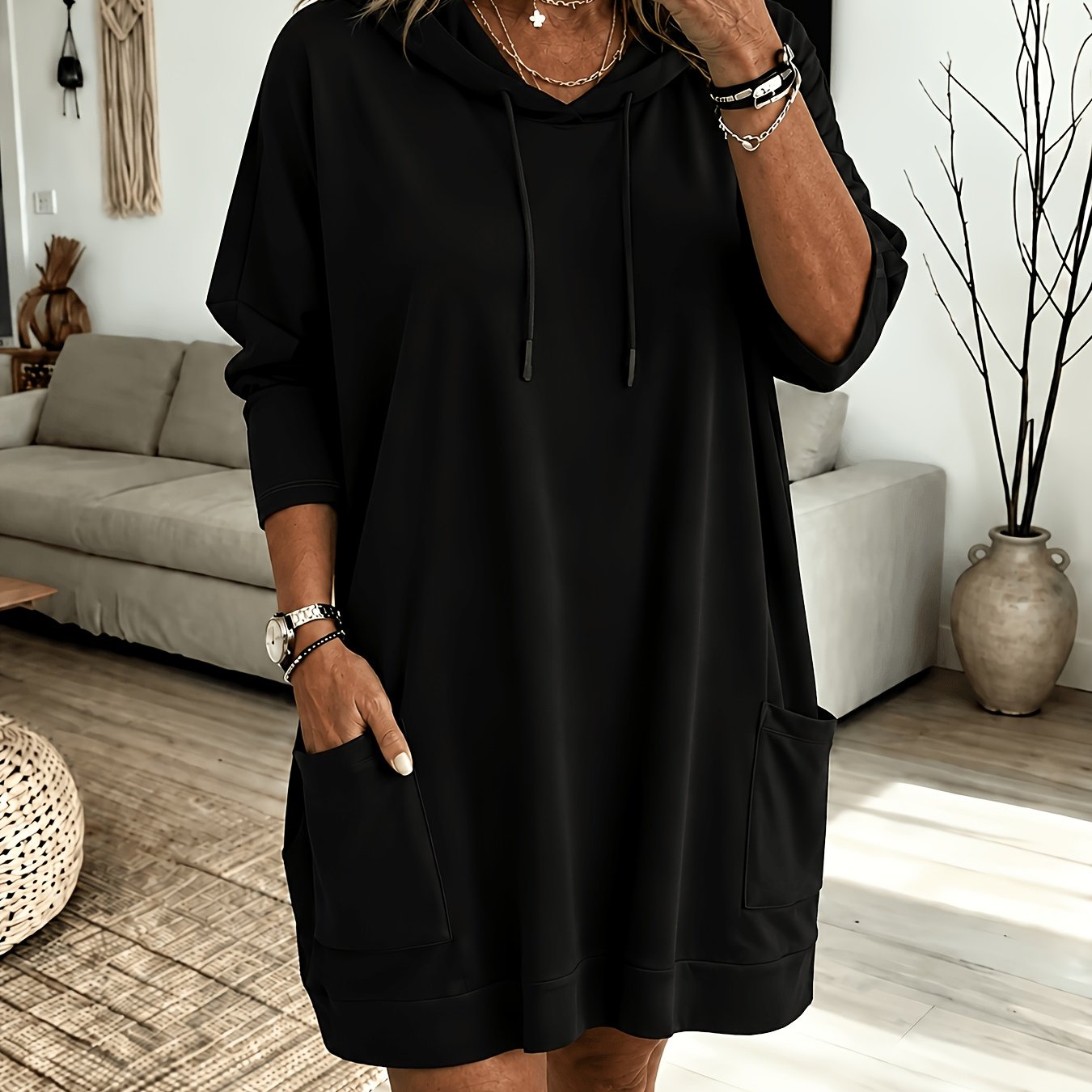 TEMU Plus Size, Plus Size Women' Color Long Sleeve Pullover Hoodie, Longline Sweatshirt With Double Pockets, Loose Fit Casual Comfy Fall Everyday Top