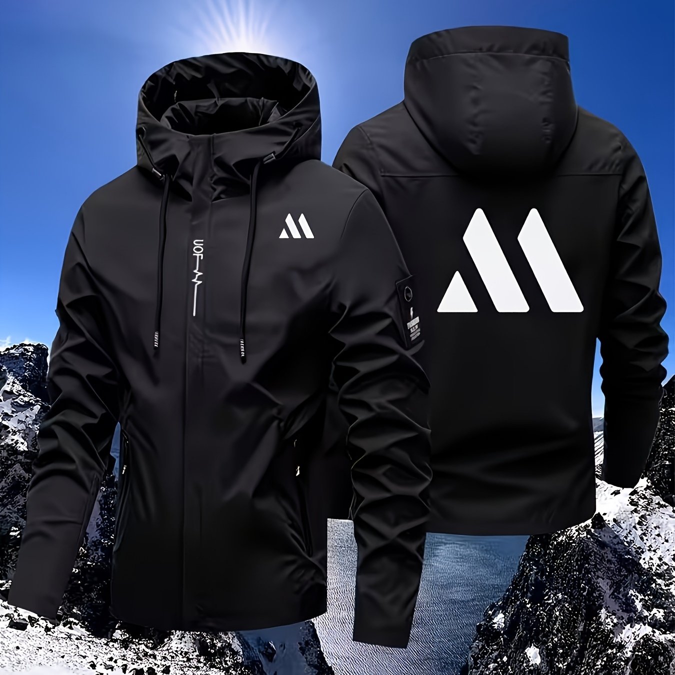 TEMU Men's Gift: Men's Casual Black Hooded Windproof Jacket, Lightweight Motorcycle Riding Suit With Zipper Closure, Brand Logo Print, High- Fabric,
