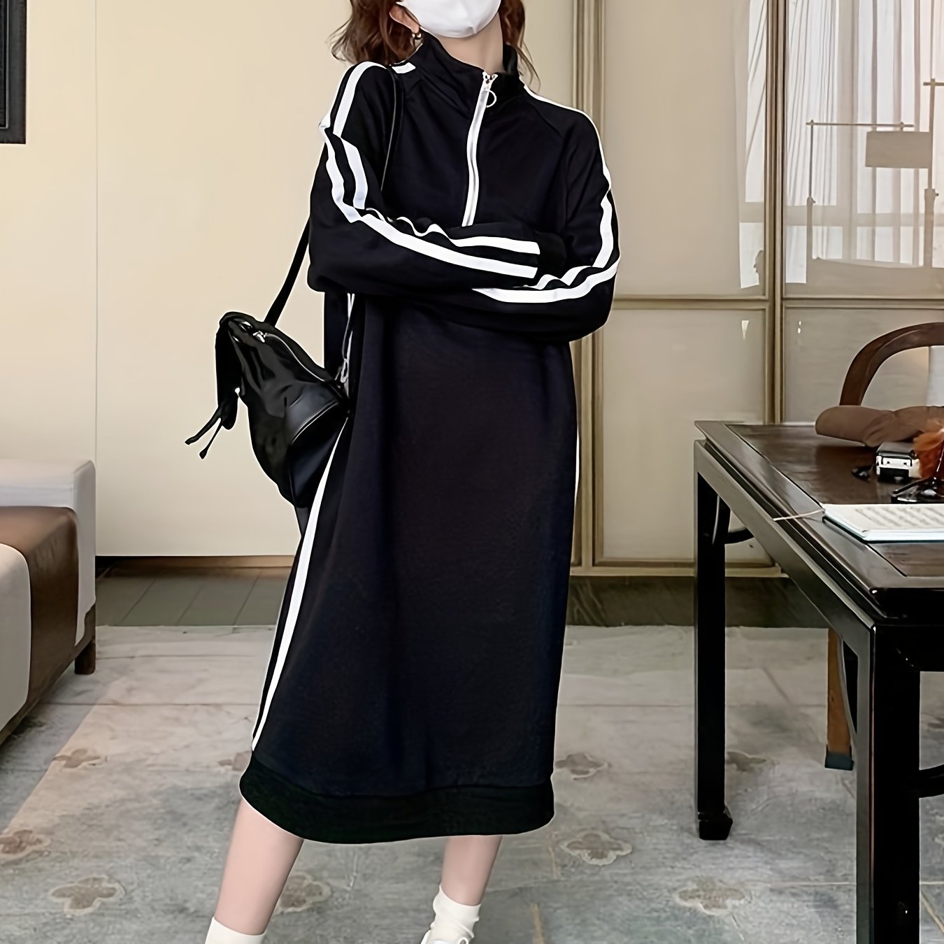 TEMU Plus Size, Side Striped Plus Size Dress, Flesh Blocking Large Version, Over The Knee Sweatshirt Dress, Autumn And Winter Styles