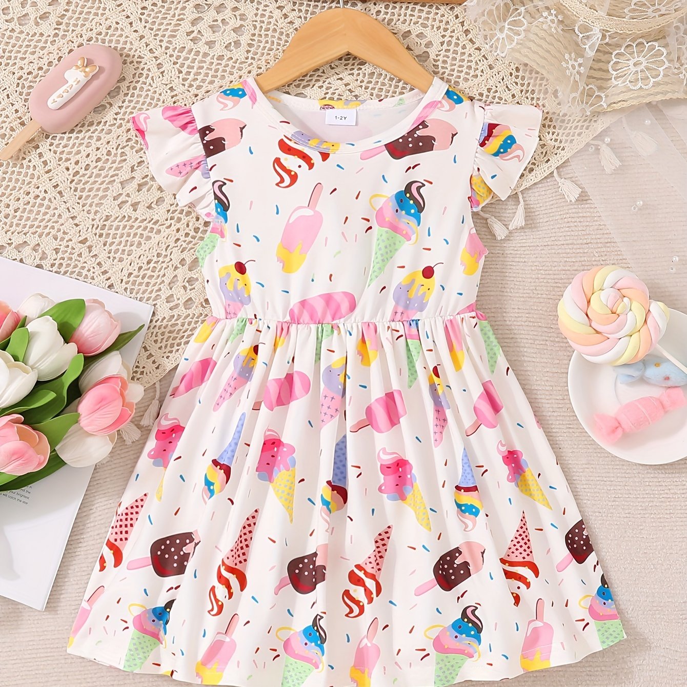 Image of Girls' Casual Athletic Cute Puff Sleeve Ice Cream Full Print Dress