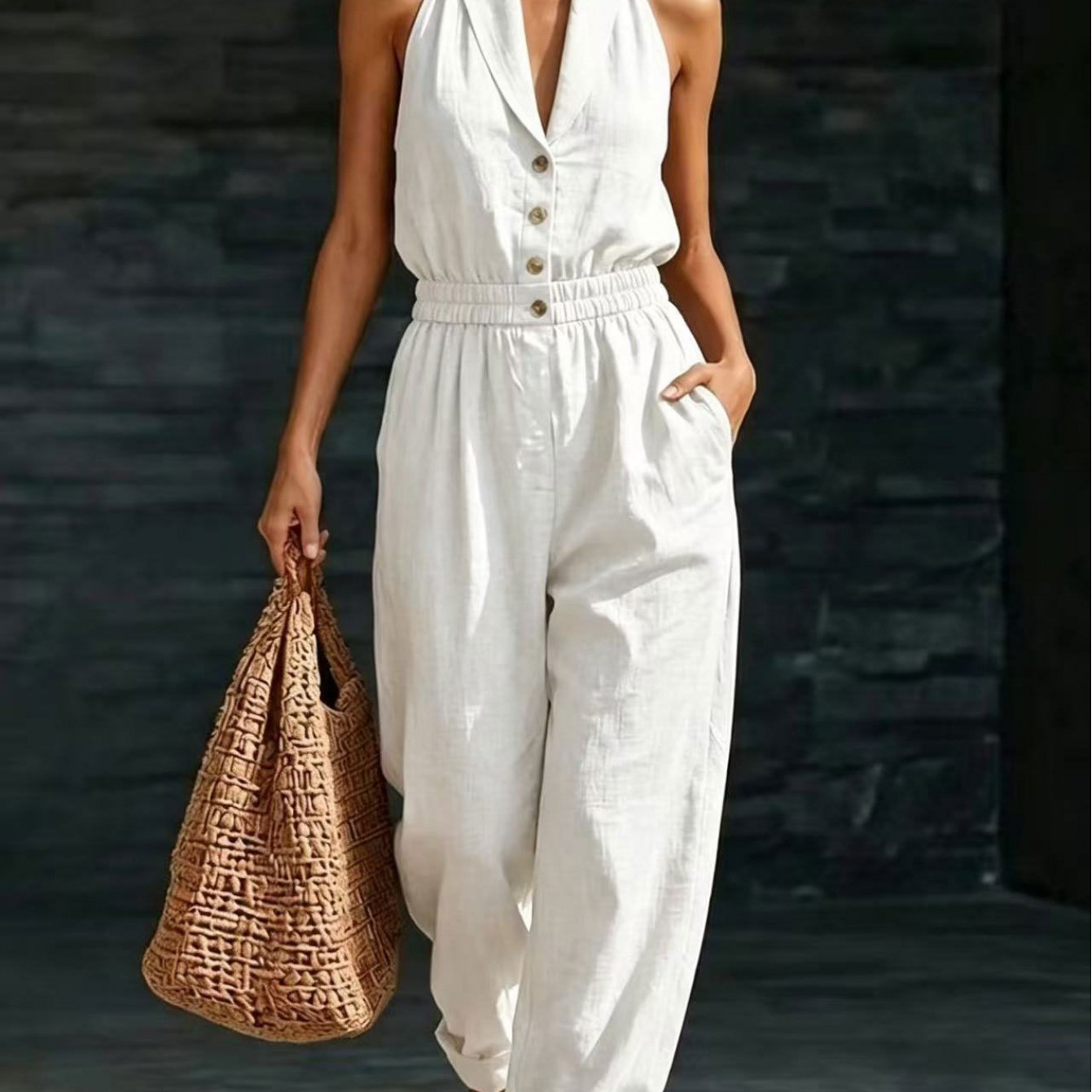 Image of Women's Halter Jumpsuit Lapel V-neck Single-breasted High-waisted Wide-leg Trousers Jumpsuit
