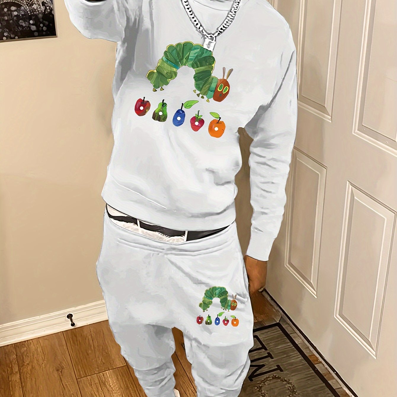 TEMU Men's Casual Sportswear Set - Cozy Polyester Blend Sweatshirt & Joggers With Unique Broccoli Print, Fall/winter