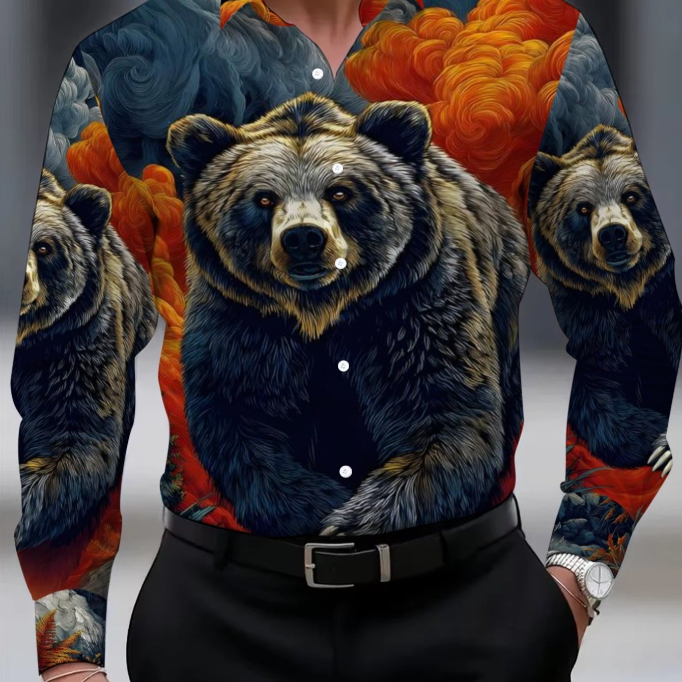 TEMU Men's Bear Print Long Sleeve Shirt, Vibrant Orange And , Lightweight And Durable, Perfect For Casual Wear Or , For Daily Use