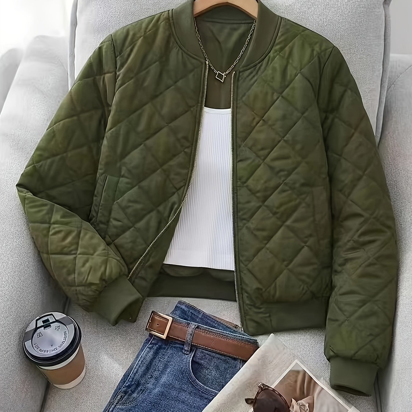 TEMU 2026 Autumn Winter New Diamond Check Quilted Baseball Jacket Women's Short Collar Zip-up Lightweight Padded Coat All-match Windproof Pocket