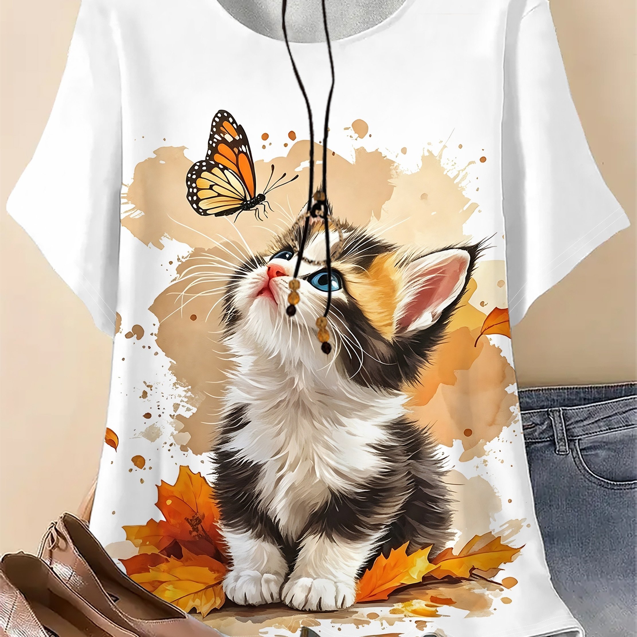 Plus Size - Autumn Watercolor Style Three-flower Cute Cat Print T-shirt, Warm- Maple Leaf, Monarch Surrounded By Kitten, Loose Fit, Round Neck, Short Sleeves