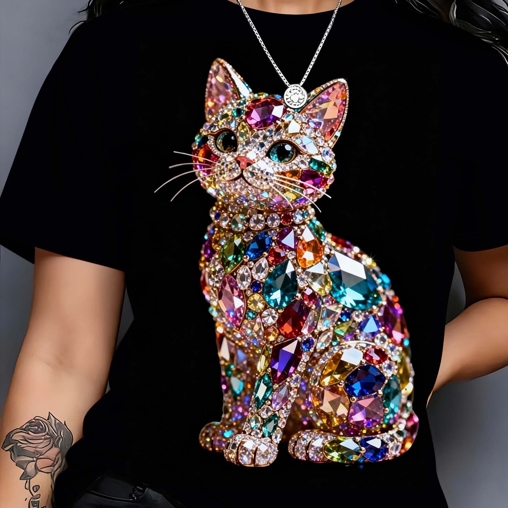 TEMU Light Luxury Gemstone Cat Print T-shirt, Women's Black Round Neck Short Sleeve, Summer Individual Casual Top, Ladies&; Elegant Fashion Tee