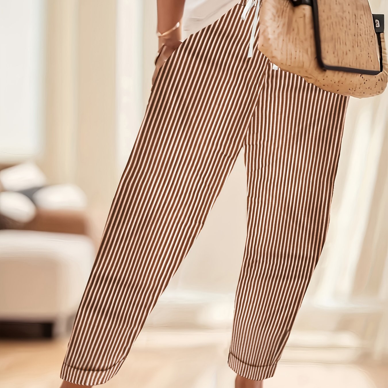 TEMU Fashion Trendy Elastic Waist With Pockets Outdoor Casual Vacation Home Women's Ankle Pants