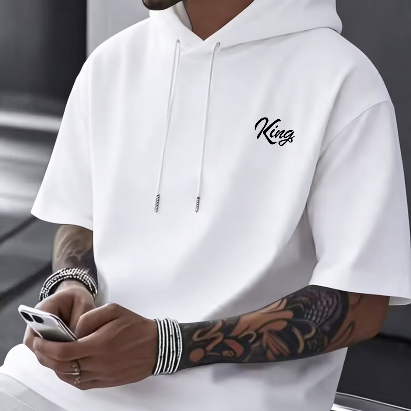TEMU New Summer Men's Hooded Short-sleeve T-shirt With King Handwritten Letter Print, American-style Minimalist Casual Sporty Hoodie Tee
