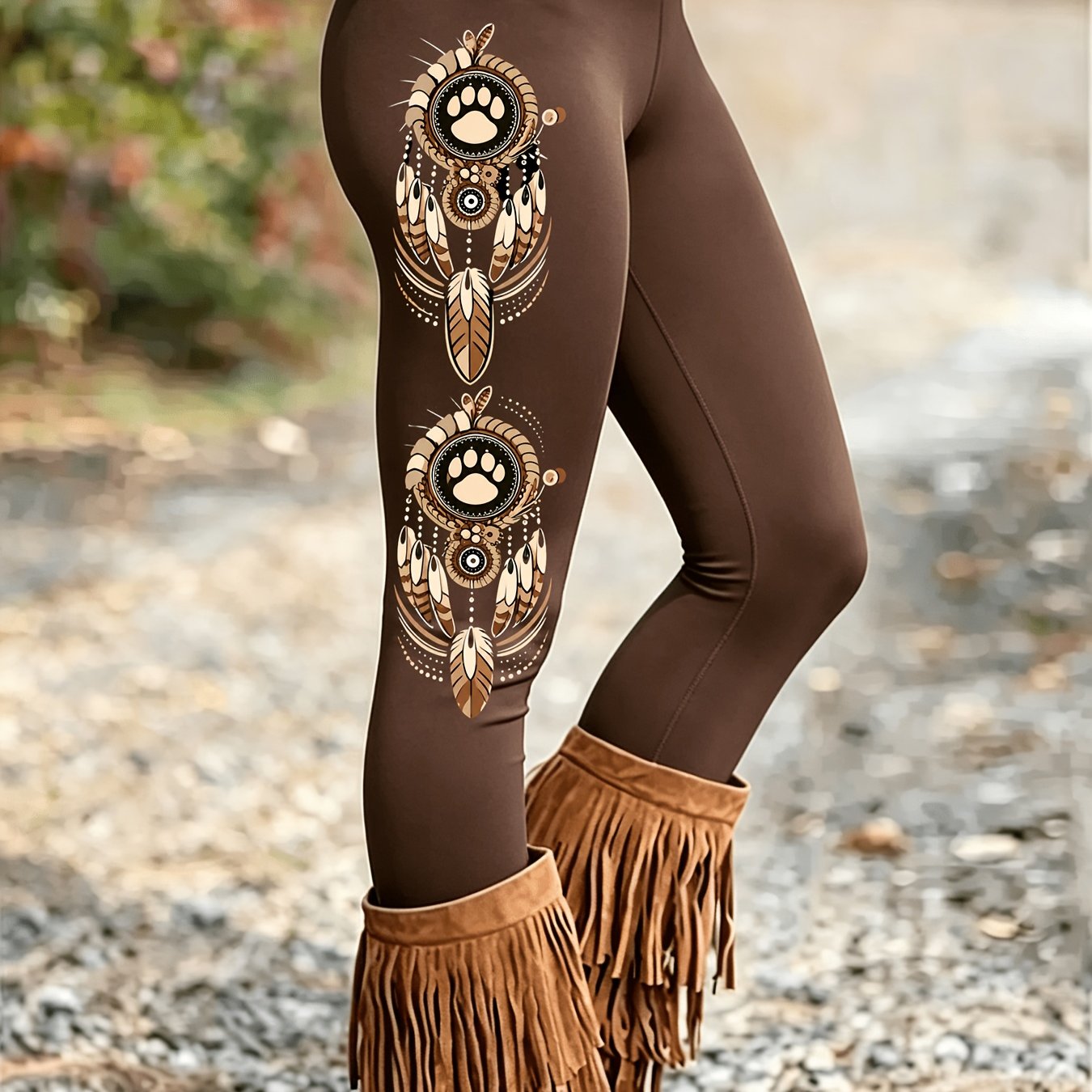 TEMU Pattern Printed High-waist Tight Pants, Casual Stretch Leggings, Bohemian Style