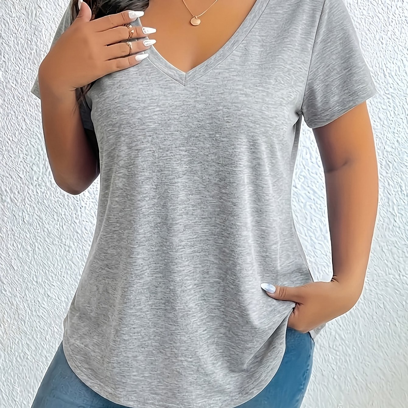 TEMU Plus Size, Women's Plus-size V-neck Short-sleeve T-shirt - & Age-defying Opaque -compatible Top | Solid Color Casual Casual Attire Suitable For