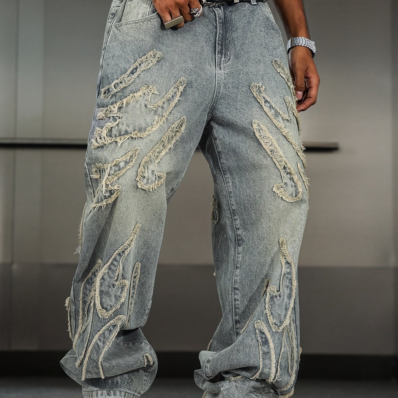 Image of A Pair Of Loose-fitting Denim Pants With Retro Design And Patch Embroidery, Perfect For Street Fashion And Versatile Wide-leg Style, Unisex (belt/additions Not Included), Autumn Menswear