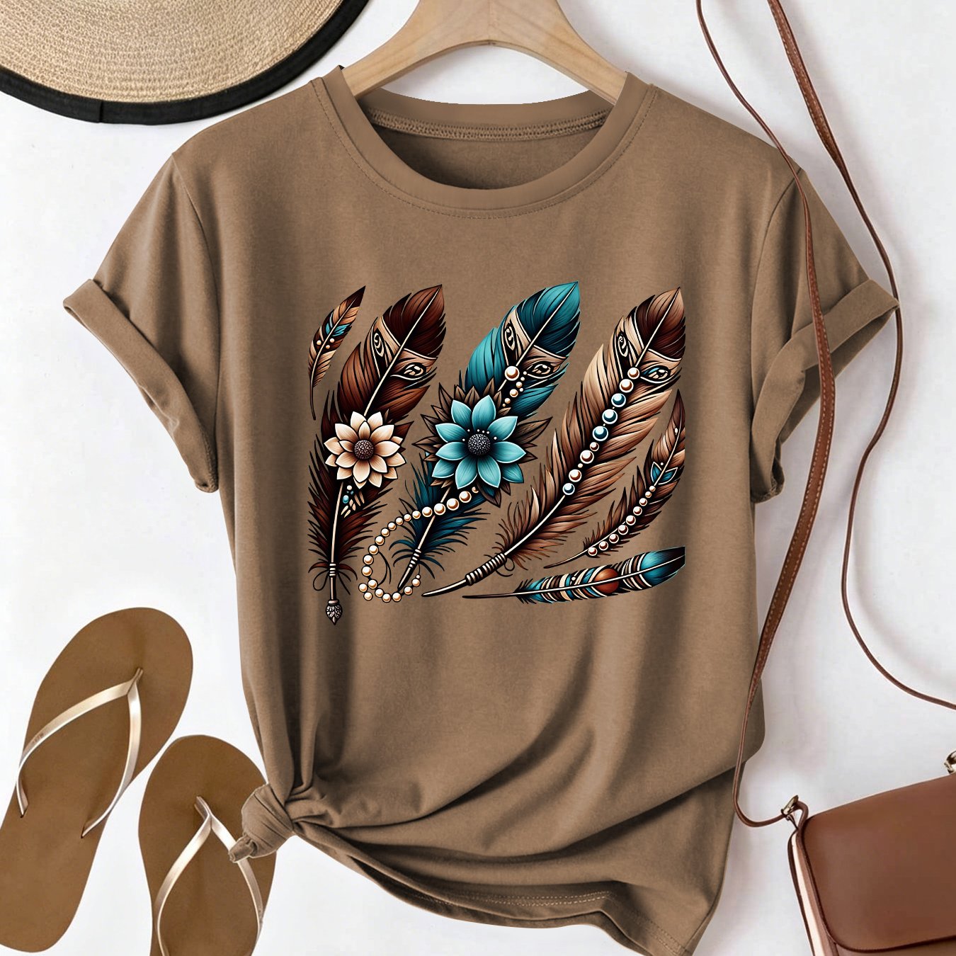 TEMU Women's Summer Clothing, Ethnic Style Colorful Bead Flower Print Round Neck Short Sleeve T-shirt, Style, Versatile Casual Wear, Fashionable