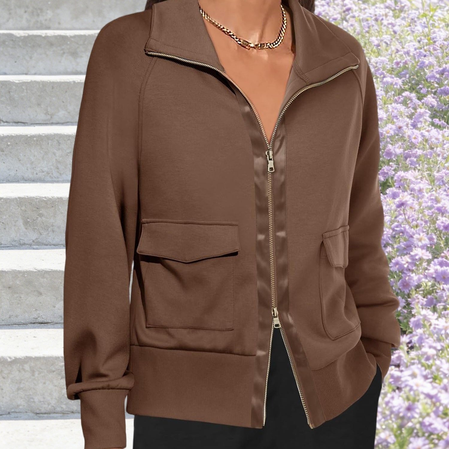 Chic Zip-up Sweatshirt Jacket For Women With A Collar - Fashionable Long-sleeve, Relaxed-fit, Lightweight Casual Top Featuring Pockets