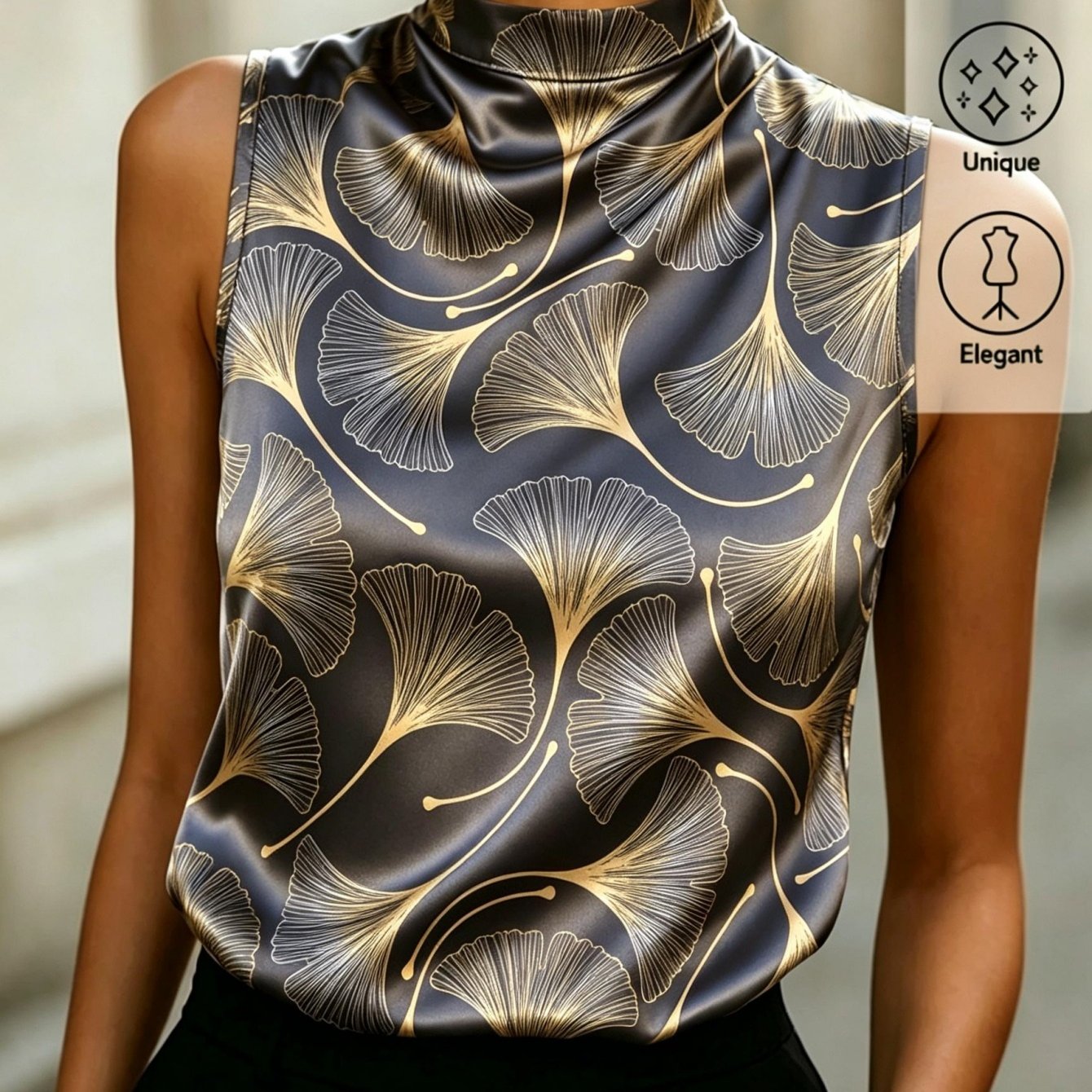 Image of Women's Summer Tops Satin Sleeveless Blouse Collar Tank Top Ginkgo Leaf Patterns Elegant Comfortable Summer Women's Apparel Fashion Ideal For Dates Daily Wear Perfect Gift Option