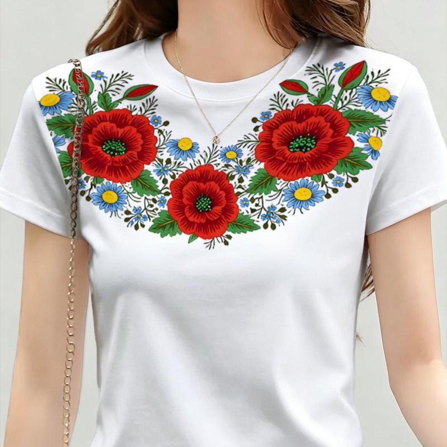 TEMU Women's Short - Sleeve T - Shirt, Ethnic Style, Printed Design - Not Textured,floral Motif, Suitable For Daily Wear, Fashionable And Comfortable