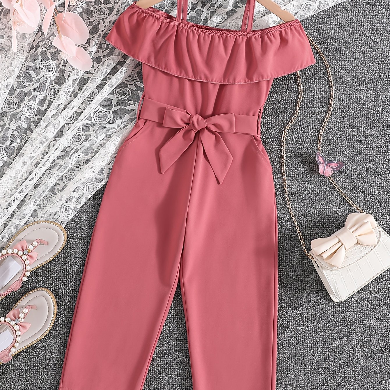 Summer Casual Outing Sleeveless Cami Solid Color Kids' Casual Jumpsuit Romper With Belt, For Outdoor