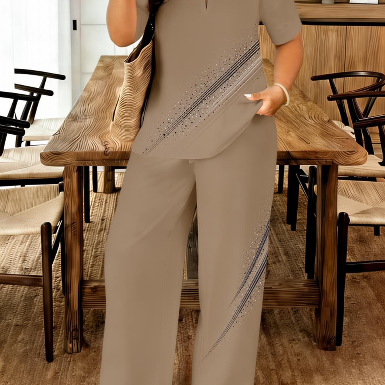 Image of Plus Size - Plus Size - Plus Size Women's 2pcs Set Elegant Beige Two-piece Set With Sparkle For Casual And Office Wear Suitable For Spring/summer Outdoor Outfits, Gifts For Mother's Day