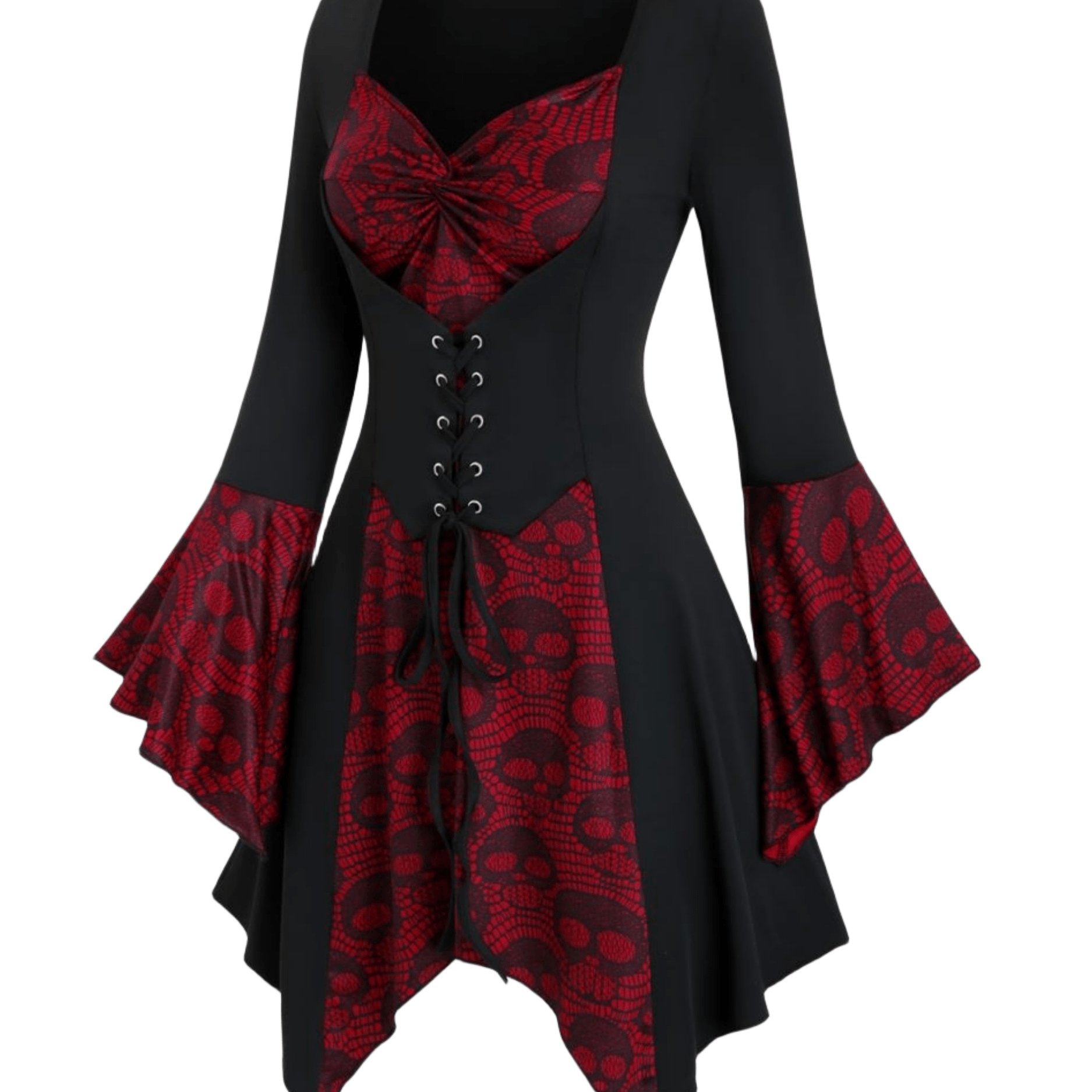 Plus Size - Plus Size - Plus Size Women's Gothic Top, Skull Head Print Tie-waist Flared Sleeve Blouse