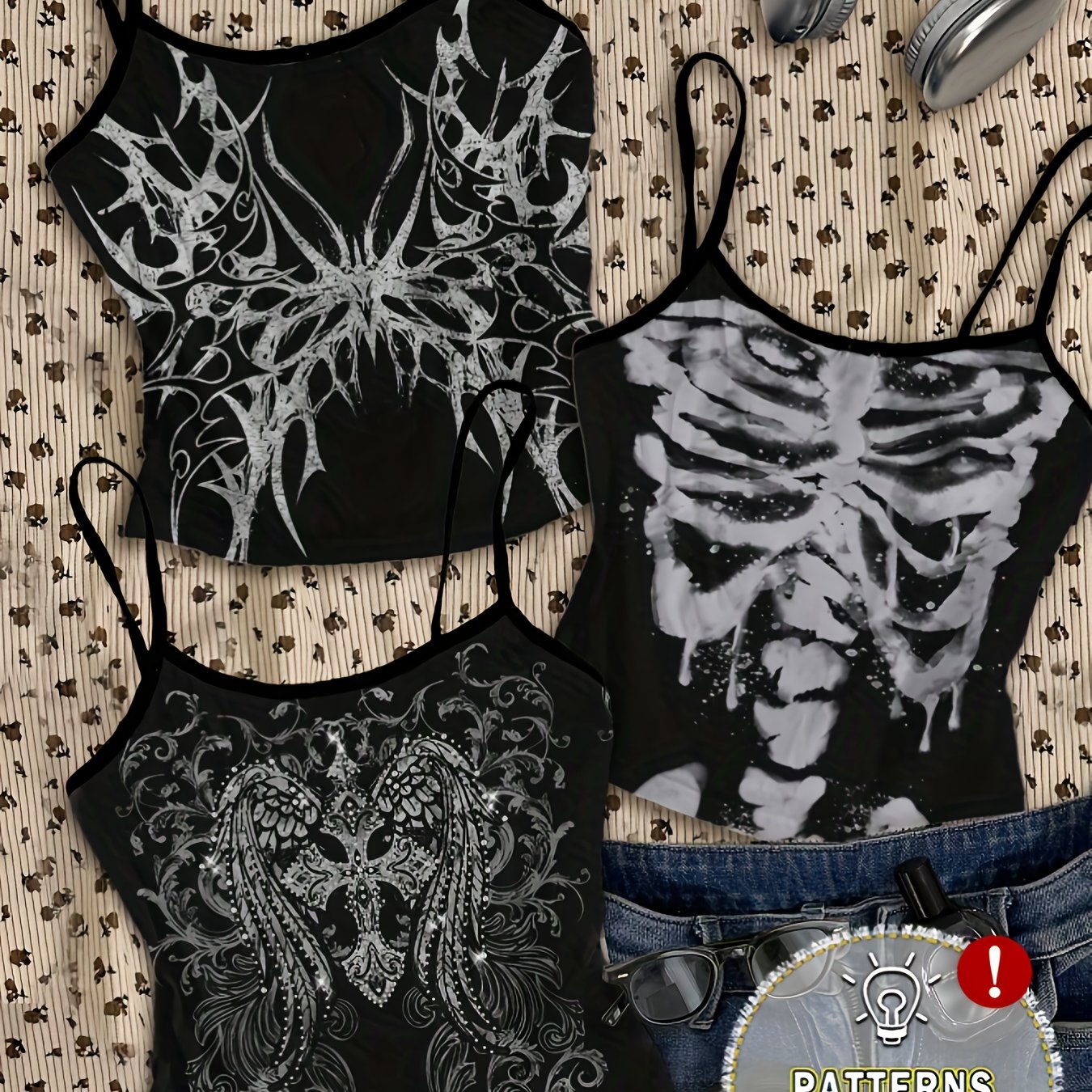 TEMU 3pcs Women's Grunge Rock Style , Cross, Wings & Skull Halloween Vest Set For Summer, Airport Streetwear Y2k Backless Tops