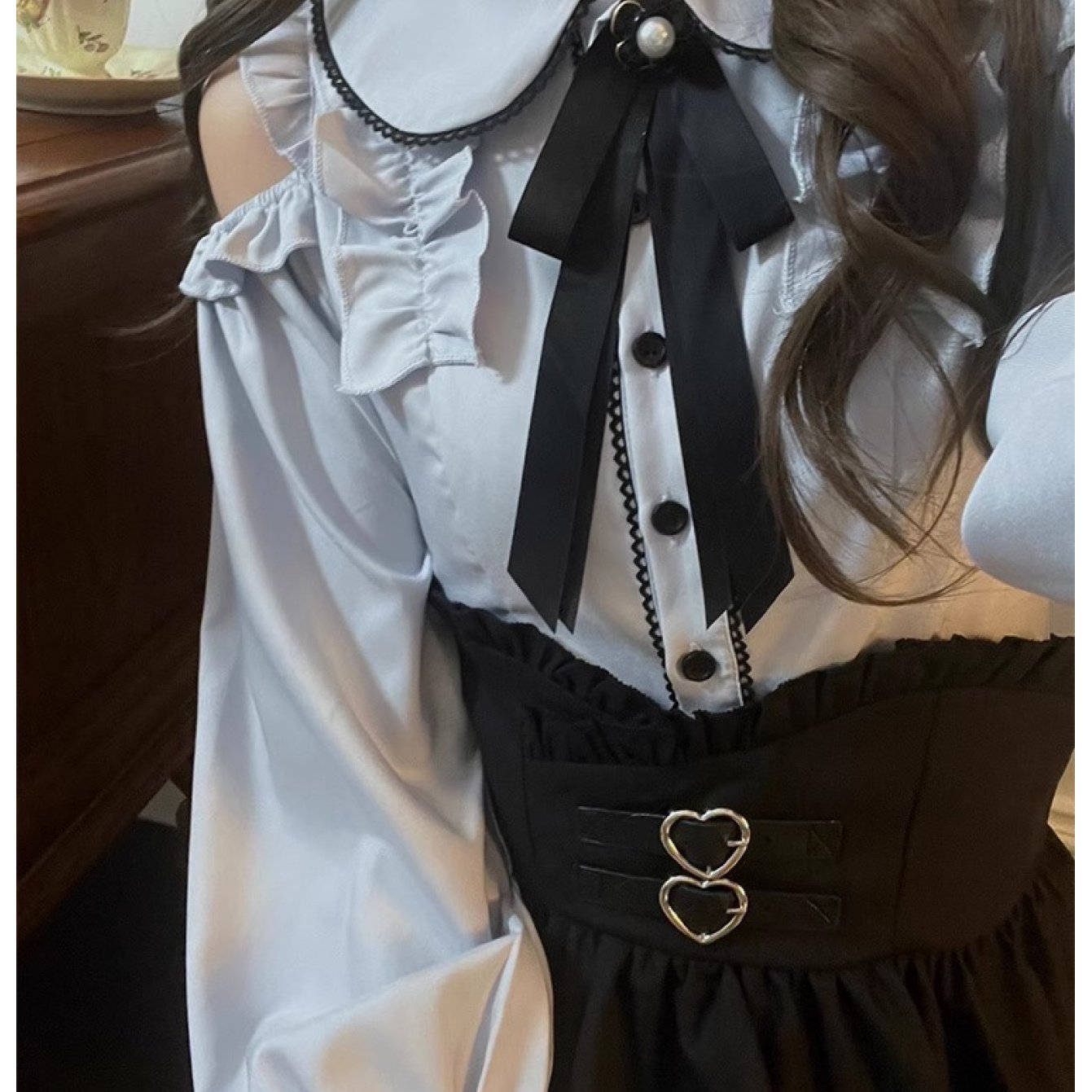 TEMU 【可愛すぎる】オフショルダー長袖シャツ（ドールカラー）とフィット感の良いウエストスカートのツーピースセットアップ