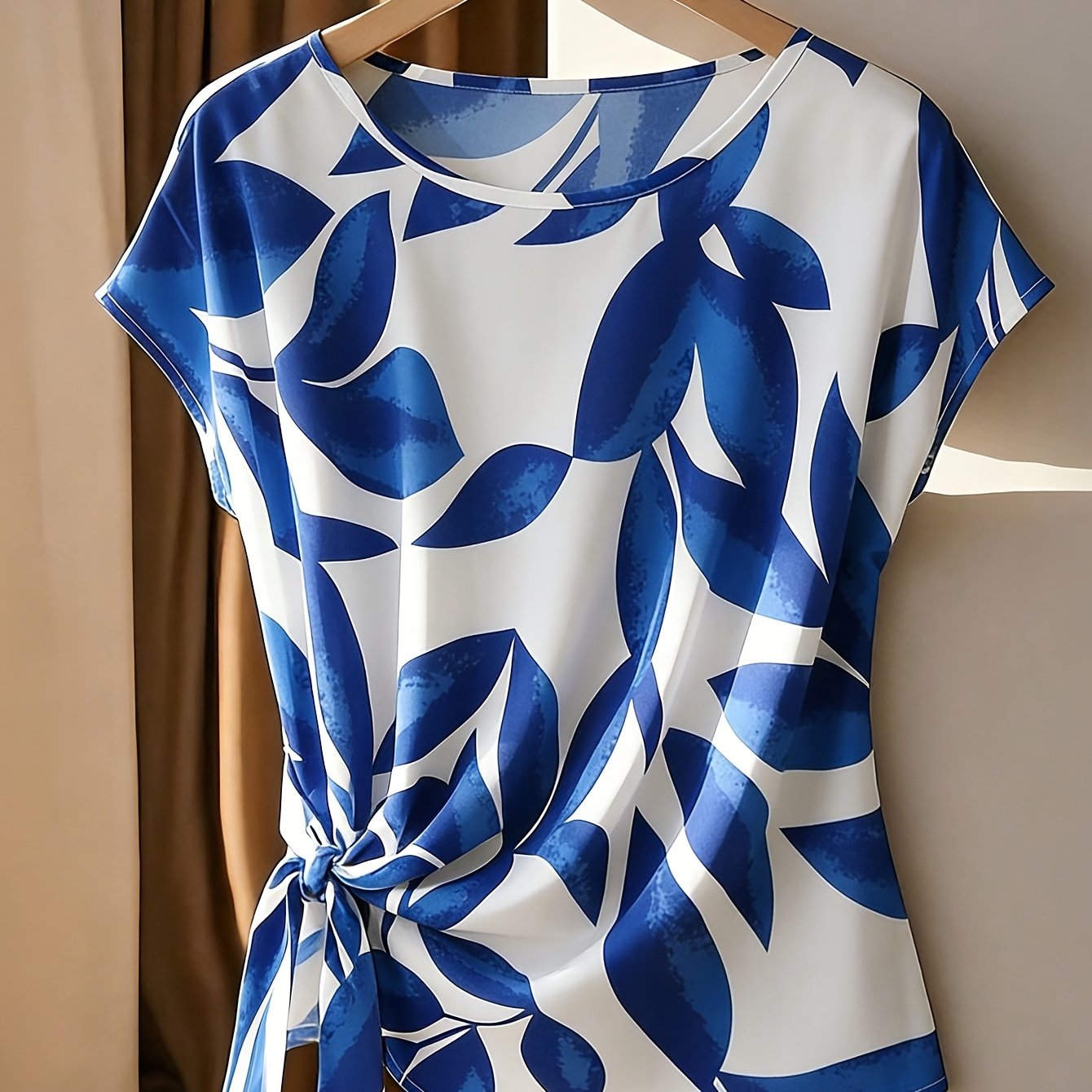 TEMU New Women's Fashionable And Elegant Printed Round Neck Shirt With Pleated Cuffs And Ties, Women's Shirt, Women's Top, Spring Women's Clothing,