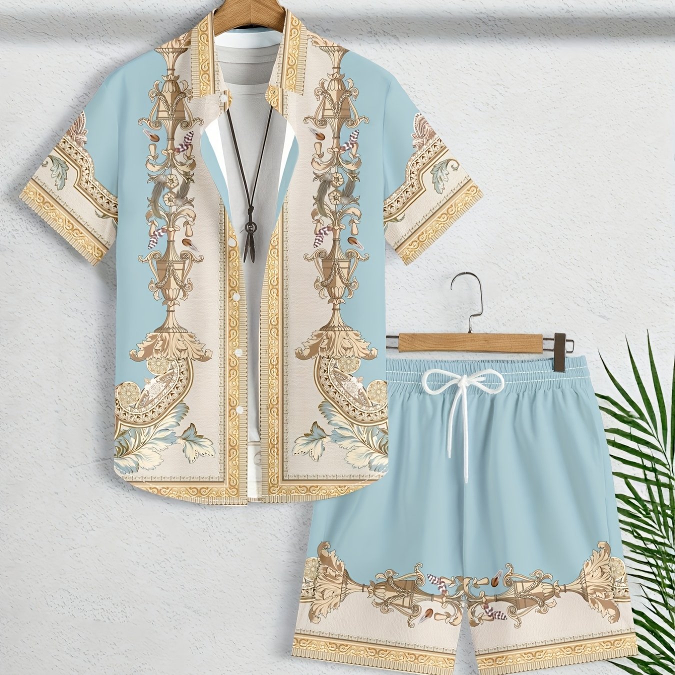 TEMU Men's Fashion Casual Court Embossed Print Short Sleeve Shirt And Shorts Set, 2pcs