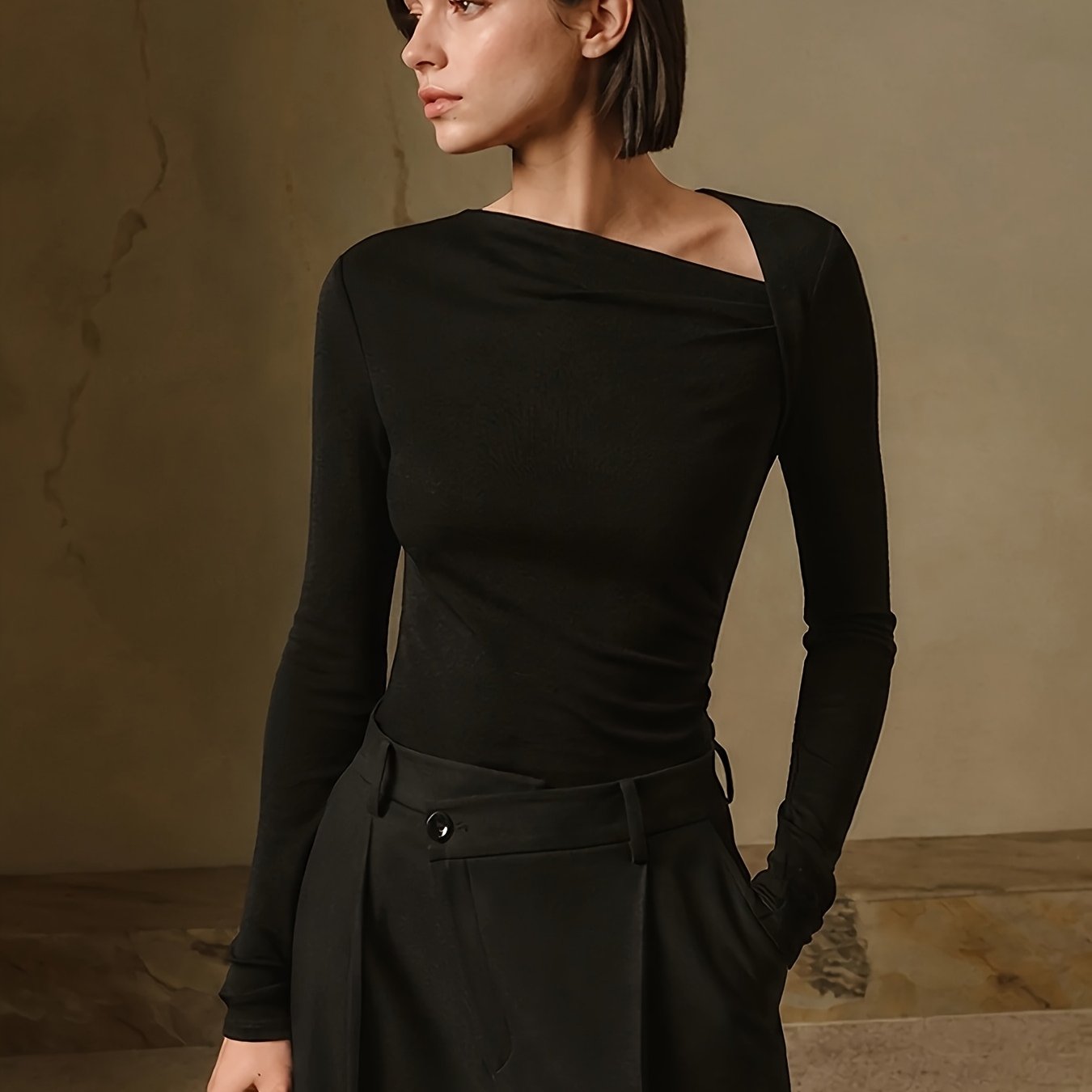 TEMU Autumn/winter Women's T-shirt, Minimalist Asymmetric Slant Collar Slim-fit Long Sleeve T-shirt, Elegant Niche Layer, Hot Top